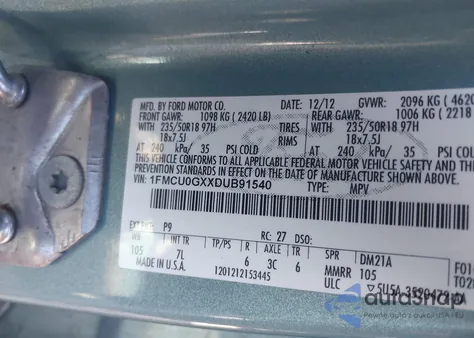 2013 Ford Escape Se z USA, uszkodzony, nr VIN 1FMCU0GXXDUB91540